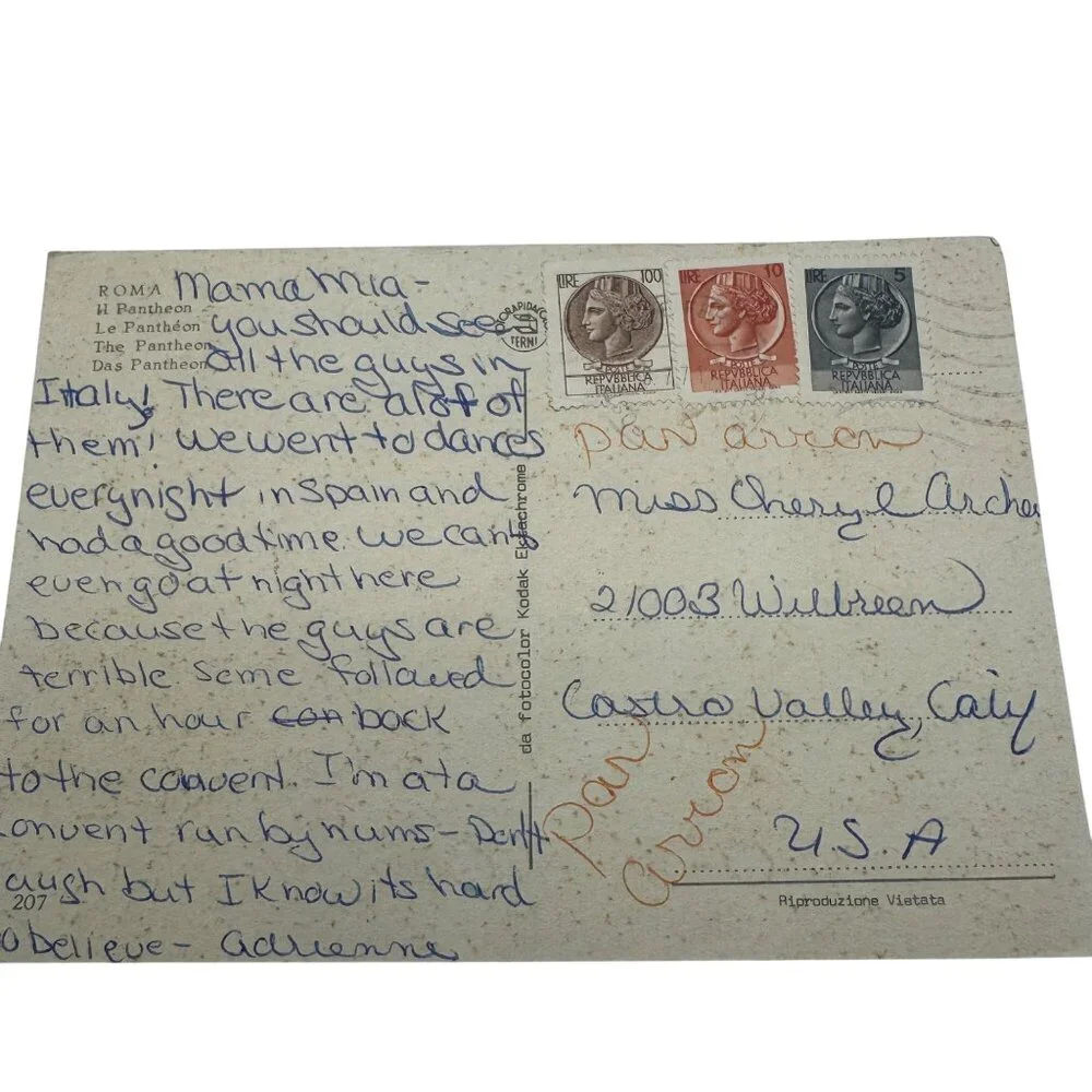 Vintage 1950s Rome Italy Pantheon Postcard With Handwritten Note & Stamps